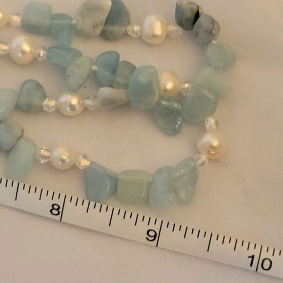 Natural Aquamarine Chips and Pearl Beaded Necklace 36 in. - Picture 6 of 6